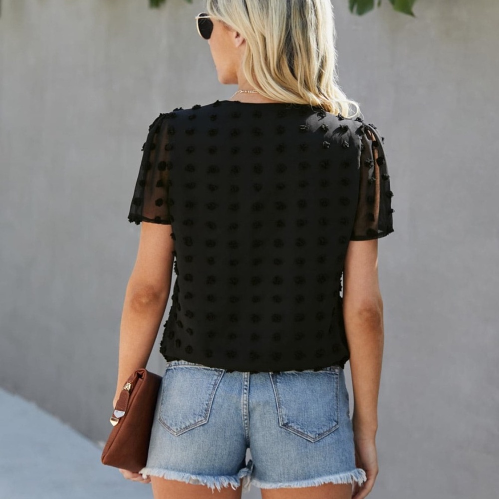 Boho Black Swiss Dot V neck Short Sleeve Top - Picture 3 of 5